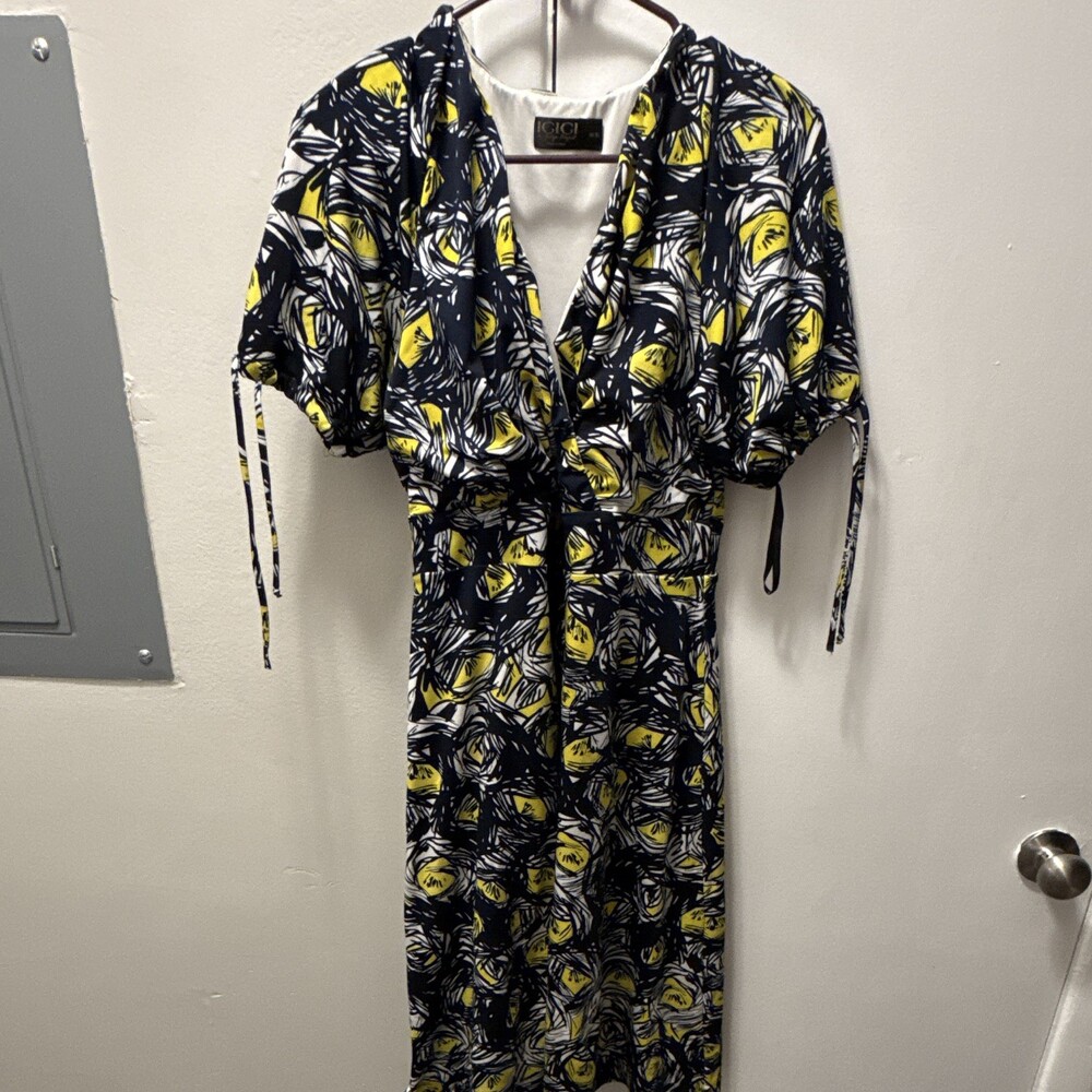 IGIGI Women's Casual Midi Dress Size 14 Black/Yellow/White Floral V-Neck Tie